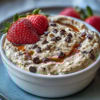 A creamy cottage cheese cookie dough dip served with fresh strawberries and apple slices for a healthy snack.