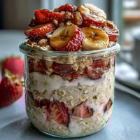 Creamy strawberry banana overnight oats with chia seeds in a glass jar, topped with fresh fruit slices and ready for breakfast.  