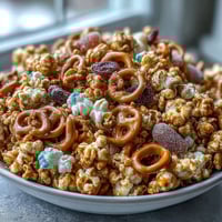 Sweet caramel popcorn mix with crunchy dried apples and colorful candy pieces, perfect for movie nights and festive gatherings.