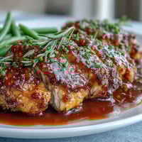 Golden honey mustard chicken with green beans, glazed and baked to juicy perfection in a tangy sauce.