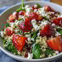A colorful bowl of strawberry feta quinoa salad with fresh spinach, juicy berries, and a tangy balsamic drizzle.