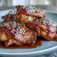 Honey Garlic Baked Chicken Thighs with golden, sticky glaze and fresh parsley on top.  