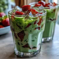 A creamy, vibrant strawberry matcha latte with oat milk, layered in a glass with fresh strawberry puree and green matcha tea.