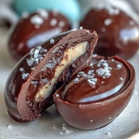 Dark chocolate peanut butter Easter eggs with sea salt, featuring smooth, glossy coating and a sprinkle of flaky salt on top.