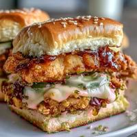 Crispy baked chicken tenders coated in spicy honey butter, layered with cheddar and pickles inside soft slider buns.