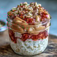 Creamy peanut butter oats with a vibrant strawberry jam swirl, layered in a glass jar and topped with fresh berries.