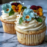 Spring Cupcakes Decorated with Edible Flowers: Vanilla cupcakes topped with smooth buttercream and vibrant edible blossoms, perfect for celebrating the season.