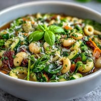 Fresh Spring Minestrone soup with tender pasta, vibrant green vegetables, and fragrant herbs in a light broth.  