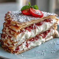 Layered Mother's Day crêpe cake with strawberry mascarpone cream, garnished with fresh berries and mint.
