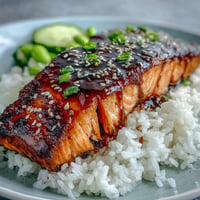 Delicious glazed teriyaki salmon bowl with steamed rice, crisp cucumber, and edamame for a fresh and balanced meal.
