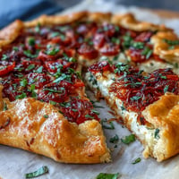 Rustic roasted cherry tomato and feta galette, golden-brown and delicious.